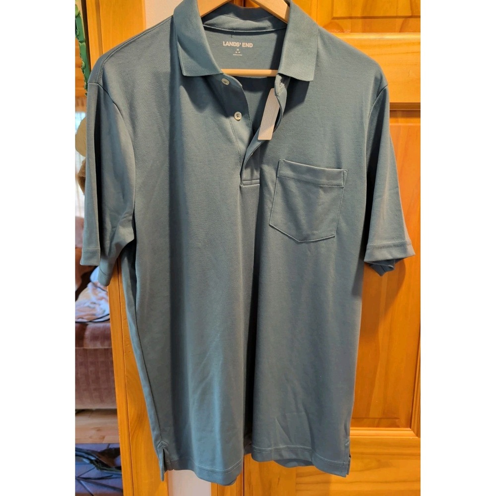 Lands' End Men Supima Cotton Polo Shirt Green Short Sleeve Pocket M Garment Dyed